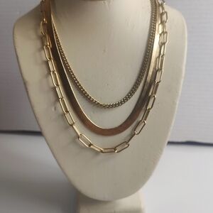 Chico's Gold Tone Layered Necklace Herringbone Chain Paperclip Link